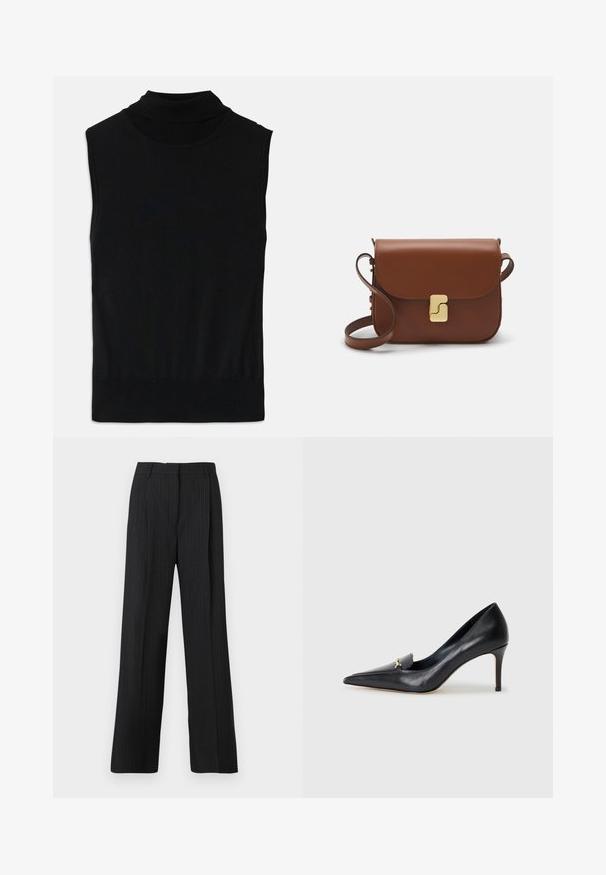 Top de punto negro sin mangas con cuello perkins, con bajo y cuello acanalados, colocado sobre un fondo blanco.; Pantalones de rayas negras con un corte relajado, que presentan un frente plano, dos bolsillos laterales y una textura de tela suave.; Zapato de piel negra con punta afilada, escote bajo y un detalle decorativo dorado. Cuenta con un tacón de aguja y textura suave.; Bolso de mano de cuero marrón con cierre de solapa, herrajes en tono dorado, correa para el hombro y una textura suave. Forma rectangular compacta.