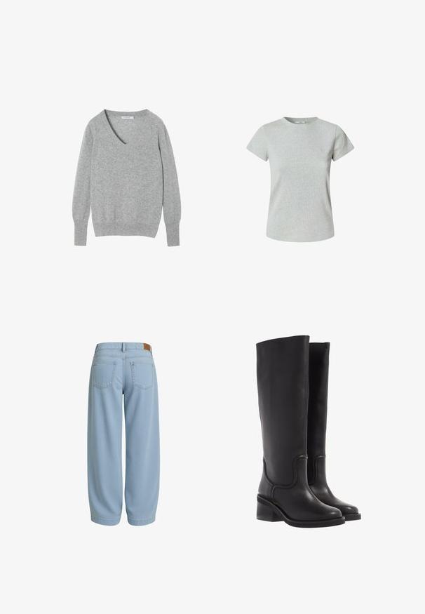 Grijze wolmix trui met een V-hals, lange mouwen en geribbelde manchetten en zoom. Glad textuur met een zachte, neutrale kleur.; Grijze katoenen t-shirt met korte mouwen en een ronde halslijn. Gladde textuur, klassieke pasvorm en geen zichtbare patronen of versieringen.; Lichtblauwe denim broeken met een relaxed fit, voorzien van twee achterzakken, een tailleband met een bruine leren label en toelopende enkels.; Zwarte leren kniehoge laarzen met een soepele textuur, ronde neus en een chunkyer heel. Heeft subtiele stiksels en een gestroomlijnd ontwerp.