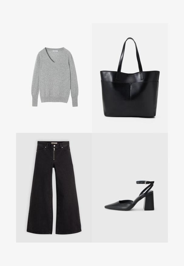 Hallhallane villasegu särk, millel on V-kaelus, pikad varrukad ning soonikkudumid varrukate ja alumise äärte juures. Sile tekstuur pehme, neutraalse värviga.; Laiad teksad mustast denimist, millel on lukuga eesmine osa, viie taskuga disain ja peened õmblusdetailid. Sile tekstuur ja juhuslik stiil.; Mustmustest must-käigukingad, millel on konksuga nöör ja paks konts. Ühtlane tekstuur, stiilne disain ja minimalistlik esteetika.; Must mustaga musta nahast, millel on kaks pikka kanda, sile tekstuur ja struktureeritud kuju. Esipoolsel on lisakoti jaoks tasku.