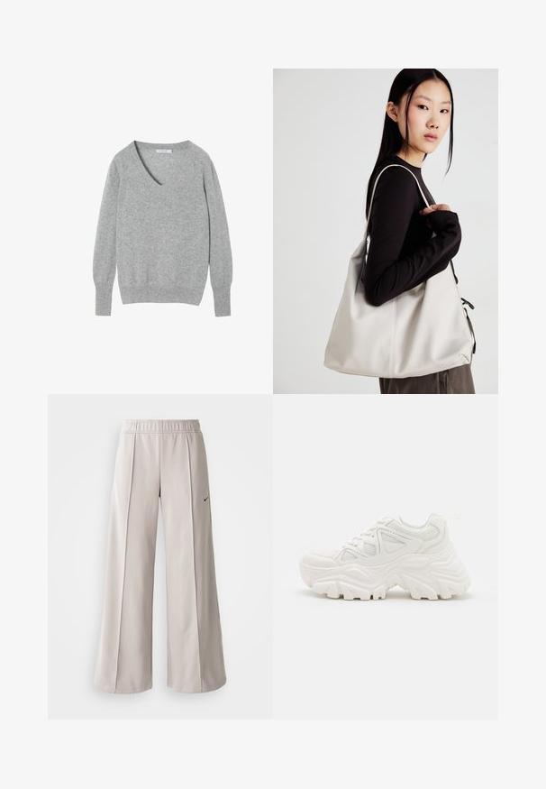 Grijze wolmix trui met een V-hals, lange mouwen en geribbelde manchetten en zoom. Glad textuur met een zachte, neutrale kleur.; Lichtgrijze wijde broek van glad materiaal. Voorzien van een elastische tailleband en een zwart Nike-logo aan de linkerkant.; Witte chunky sneakers met een textuur bovenwerk, meshpanelen en dikke rubberen zolen met een uitgesproken profiel. Inclusief veters en een aantreklip.; Beige handtas gemaakt van zacht materiaal, met een slonzig ontwerp, gestikte details en twee schouderbanden. Geschikt voor dagelijks gebruik.