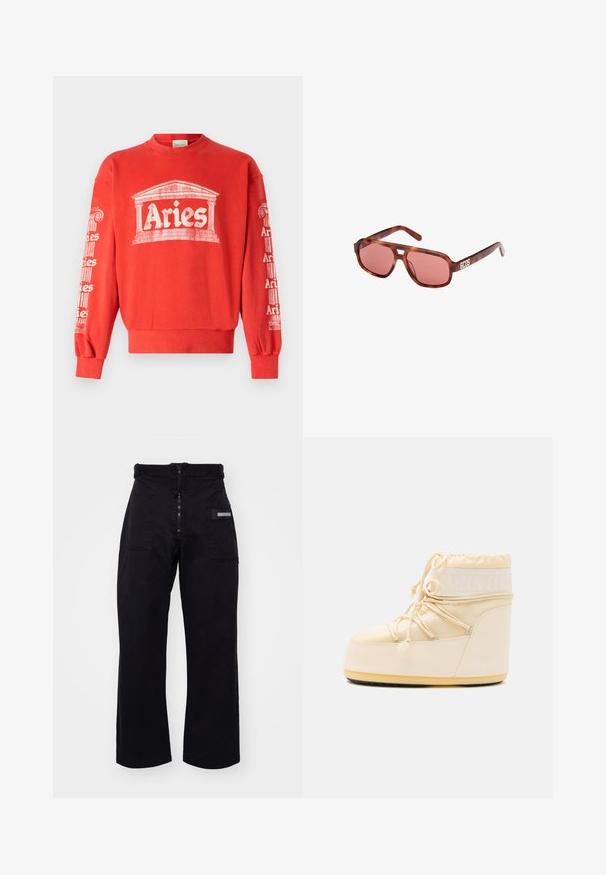 Červená mikina s kulatým výstřihem, na přední části a rukávech s bílou grafikou sloupu a slovem "Beran". Materiál je měkká bavlna.; Černé, široké cargo kalhoty s zipem a suchým zipem, které mají dvě přední kapsy a boční kapsu s obdélníkovým kovovým detailem.; Světle béžová Moon Boot s kulatou špičkou, stahováním na šňůrku a texturovanou gumovou podrážkou. Obsahuje bílé logo a hladké syntetické materiály.; Hnědé želvovinové sluneční brýle s růžovými skly. Mají ostrý design a na nožičce je v bílé barvě logo značky "GCDS".