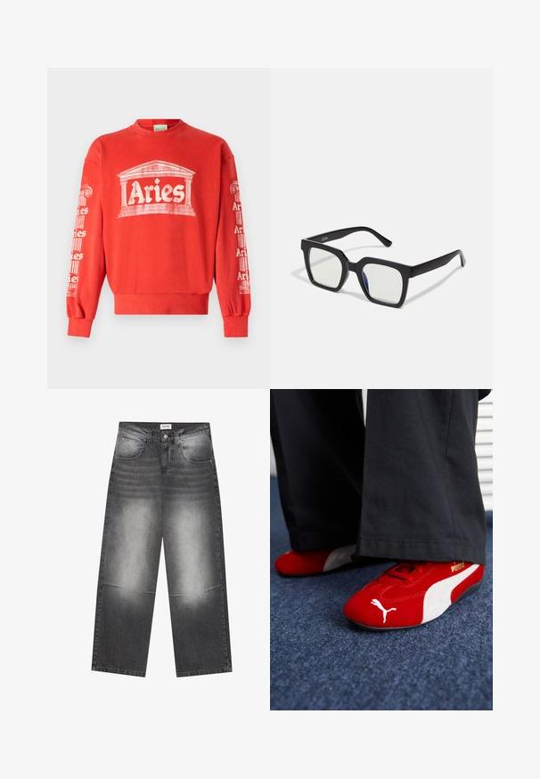 Rød sweatshirt med rund hals, der har en hvid grafik af en søjle og ordet "Aries" på fronten og ærmerne. Stoffet er blødt bomuld.; Bredde ben sorte denimjeans med en falmet grå finish, der har frontlommer, knaplukning og let slid på knæene.; Røde ruskindsnikers med hvide accenter, der har struktureret materiale, rund tå og et guld logo på siden, båret med sorte bukser.; Sorte firkantede solbriller med mat finish, udstyret med transparente linser og en svag blå nuance på den ene side. Robust, vinkelret design.
