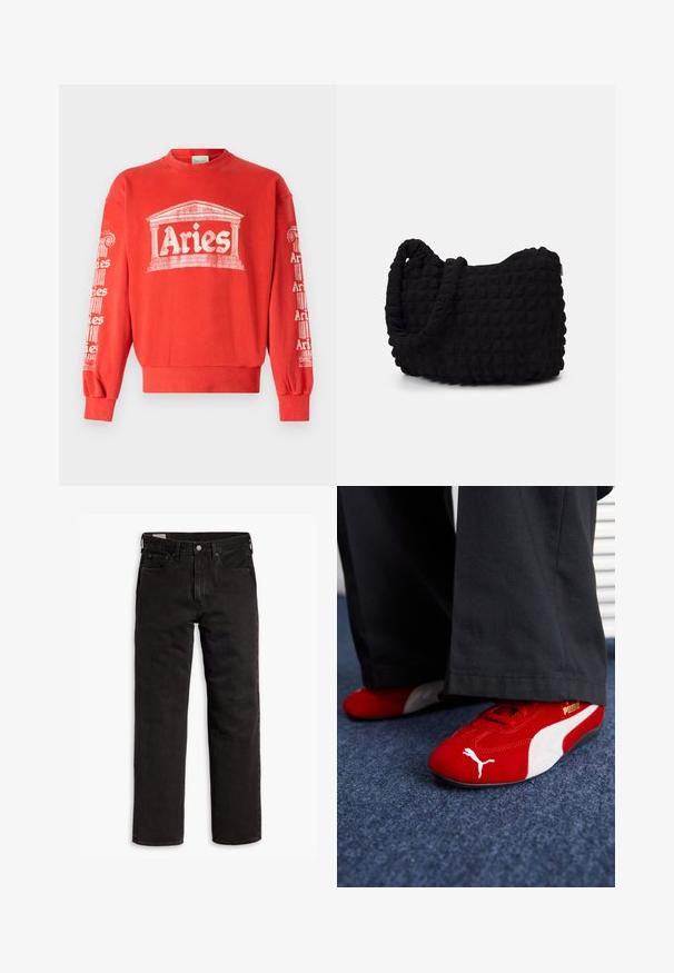 Rød genser med rund hals, som har et hvitt grafisk bilde av en søyle og teksten "Aries" på fronten og ermene. Stoffet er myk bomull.; Svarte rette dongeribukser med fem lommer, knappefeste og beltehemper, lagt flatt på en hvit bakgrunn.; Røde semsket sneakers med hvite detaljer, med teksturert materiale, rund tå og en gull logo på siden, brukt med svarte bukser.; Svarte tekstilveske med en strukturert, quiltet mønster. Rund form, korte, tykke håndtak og en myk, fleksibel struktur.; Fem sølvringer: en med et svart sirkulært detalj, en med et hvitt og svart geometrisk mønster, og de andre med forskjellige former og overflater.