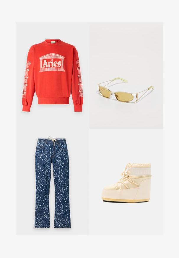 Raudona džemperis su apvalia kakline, ant priekinės dalies ir rankovių pavaizduota balta grafika, ant kurios yra žodis "Avinas". Audinys yra minkšta medvilnė.; Džinsiniai plačiai išsiplėtę džinsai su mėlynu abstrakčiu raštu, turintys raištelių juosmenį, penkių kišenių dizainą ir kontrastinį oranžinį siūlų detalizavimą.; Šviesiai smėliniai mėnulio batai su apvaliu nipuku, raištelių uždarymu ir tekstūruota guma padais. Yra baltas logotipas ir lygi sintetinė medžiaga.; Geltonos atspalvio akiniai nuo saulės su permatomu auksiniu rėmu, liekna stačiakampio forma ir kampuotais rankenėlėmis su šviesiai žaliais akcentais.