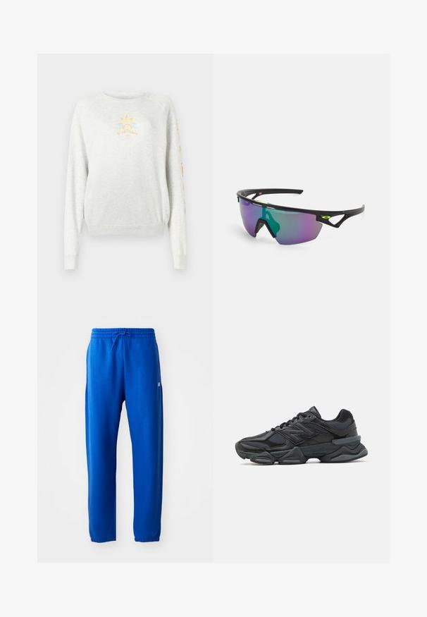 Helehall sweatshirt, millel on soonikkoes ja hem. Ees on kollane ja sinine päikese graafika ning varrukal värvilised tekstid.; Sinised dressipüksid, mis on valmistatud pehmest kangast, elastse vöökohaga ja nööridega, kitsenevate jalgadega ning väike logodetail külgedel.; Mustad mustus jooksukeng, mis sisaldab segu võrgust ja sünteetilisest materjalist, jäme talla, kaarduv disain ja silmapaistev bränding külgedel.; Spordiprillid musta raami, suur gradient objektiiv, mis sisaldab lillat ja rohelist tooni, ning nurkadega disainielemendid logode detailidega.