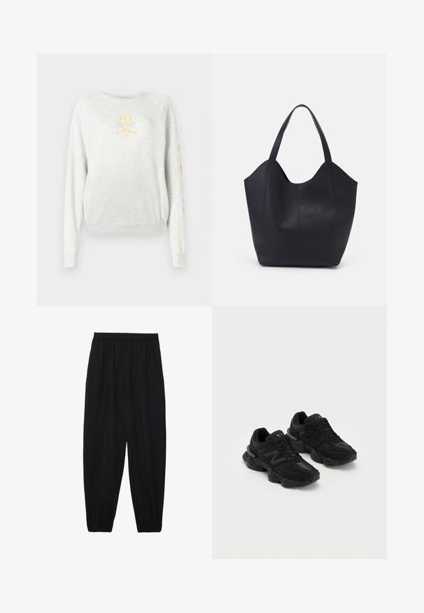 Svetlo šedý mikina s rebrovanými manžetami a lemom. Na prednej strane obsahuje grafiku slnka v žltej a modrej farbe a farebný text na rukáve.; Čierne, ľahké nohavice s elastickým pásom a zúženými nohavicami. Tkanina je hladká a má voľný, zúžený strih.; Čierne športové topánky s textúrovaným zvrškom, s výrazným logom "N", polstrovanou podrážkou a elegantným, moderným siluetom.; Čierna taška s dlhým uchom vyrobená z hladkej kože, s oblým otvoreným vrchom a dvoma ramennými popruhmi, minimalistického dizajnu.