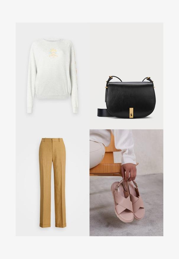 Sudadera gris claro con puños y dobladillo acanalados. Presenta un gráfico del sol en amarillo y azul en la parte frontal y texto colorido en la manga.; Polo Ralph Lauren YARD LINEN FULL FLAT FRONT - Pantalones - sand dune; Sandalias de color rosa claro con tiras entrecruzadas, una textura suave y un ligero tacón. Detalle de hebilla metálica en la tira.; Bolso cruzado de cuero negro con un acento en metal dorado y correa ajustable, que presenta una textura suave y una forma curvada.