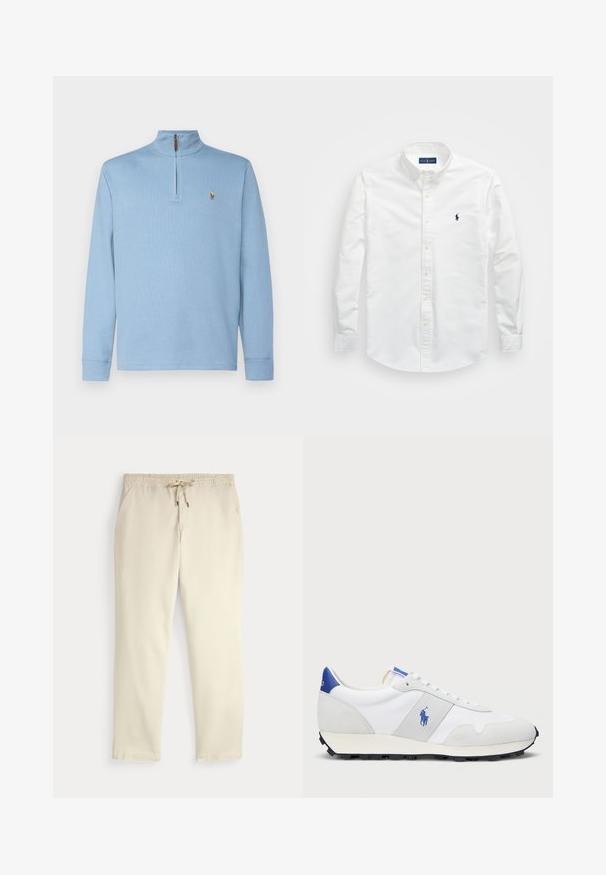 Polo Ralph Lauren ESTATE RIB QUARTER ZIP PULLOVER - Jersey de punto - vessel blue; Camisa blanca de botones hecha de algodón. Presenta un collar puntiagudo, mangas largas y un pequeño logo en color marino en el pecho. Textura suave.; Pantalones casuales color blanco roto con cinturilla elástica y cordón, piernas rectas y bolsillos laterales sobre un fondo liso.; Zapatilla deportiva blanca con acentos de ante gris, parte superior de malla, tirador en el talón azul y suela de goma negra. Cuenta con cierre de cordones y logotipo.
