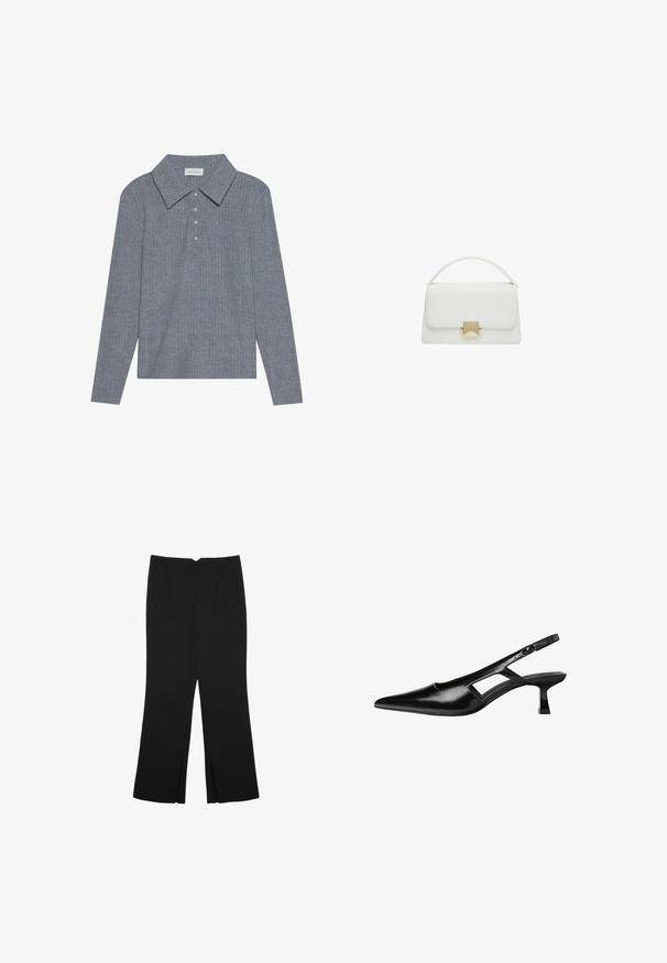 Grau gestreiftes Langarm-Polohemd mit breitem Kragen und einer Knopfleiste mit fünf Knöpfen. Der Stoff hat eine weiche Textur mit vertikalen Linien.; Schwarze Hose mit geradem Schnitt, ausgestattet mit Fronttaschen und Seitenschlitzen am Saum. Hergestellt aus weichem, glattem Stoff. Geeignet für verschiedene Anlässe.; Schwarze Lackleder-Slingback-High Heels mit spitzer Zehenform, ausgeschnittenem Seitendesign und kleinem Blockabsatz. Glatte Textur mit minimalen Akzenten.; Weiße Lederhandtasche mit strukturiertem Design, ausgestattet mit einem oberen Griff und einem goldfarbenen Verschluss. Glatte Textur und minimalistische Akzente.