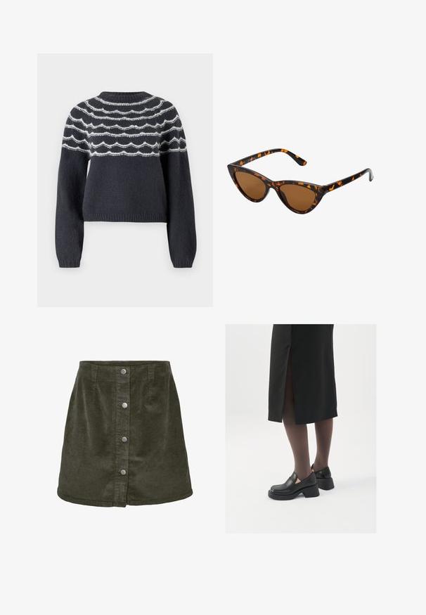 Sötét szürke kötött pulóver, kerek nyakkivágással, fehér hullámos vonalakkal a mellkasán. A hosszú ujjak és az bordázott szegély teljesítik a kialakítást.; Sötétzöld kordbársony mini szoknya A-vonalú fazonnal, öt ezüst gombbal a fronton és függőleges bordázott textúrával.; Fekete bőr cipők lekerekített orral, vastag blokk sarkakkal és elasztikus oldalsó díszítésekkel, sötét harisnyával és hasítékkal ellátott fekete szoknyával párosítva.; Cica szemüveg fekete és narancssárga teknőc pánttal, barna lencsékkel és sima, hegyes végekkel. A templomán egy minimalista logó található.