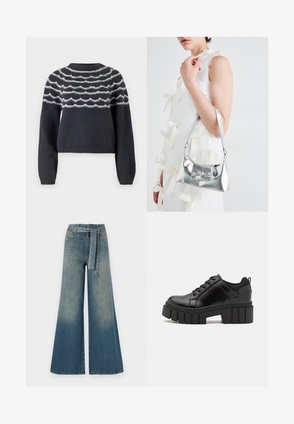 Pulover tricotat de culoare gri închis, cu guler rotund, având linii ondulate albe pe piept. Mâneci lungi și tiv ribat completează designul.; Pantaloni din denim largi, cu un gradient de la albastru deschis la albastru închis, talie înaltă, bucle pentru curea și o curea din același material. Finisaj texturat din denim.; Pantofi cu talpă plată din piele neagră, cu toc gros, vârf rotund și design tradițional cu șireturi. Prezintă o textură netedă și detalii minime.; Geantă metalică argintie cu o formă structurată, având un mâner superior și un detaliu sub formă de fundă pe față. Textură netedă, finisaj reflexiv.