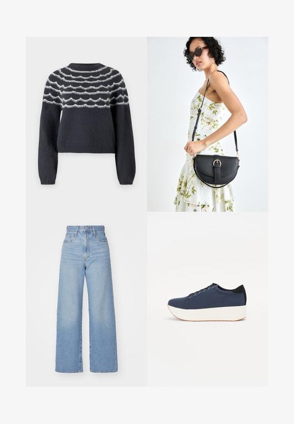 Tumši pelēkas dzijas adītas džemperis ar apaļu kakla rievu, ar baltām viļņainām līnijām krūtīs. Garas piedurknes un ribota apakšdaļa noslēdz dizainu.; Gaiši zili augstās jostas vidukļa platās bikses ar priekšējo pogu un rāvējslēdzēju, priekšējām un aizmugurējām kabatām uz baltā fona.; Navy zilo apavi ar strukturētu auduma augšdaļu, baltu platformas zoli, noapaļotu pirkstu daļu un melnu papēža akcentu. Iekļautas sešas acs caurumi šnuķēšanai.; Melnas ādas rokassoma ar izliekta formu, noņemamu siksnu un zelta aksesuāriem. Somai ir vāciņš ar sprādzes detaļu.