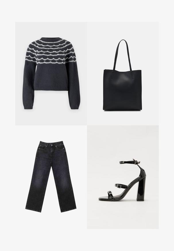 Tmavě šedý pletený svetr s kulatým výstřihem, zdobený bílými vlnitými linkami přes hrudník. Dlouhé rukávy a žebrovaný lem dotvářejí design.; Černé džíny s vysokým pasem a širokým střihem, pět kapsami a viditelným švem. Materiál má hladký, mírně strukturovaný povrch.; Černé lakované sandály na podpatku se čtveratou špičkou, lýtkovými pásky a stříbrnými přezkami. Disponují masivním blokovým podpatkem pro stabilitu.; Černá kožená taška přes rameno s hladkým povrchem, obdélníkovým tvarem a dvěma dlouhými uchy. Žádné viditelné kování ani ozdoby.