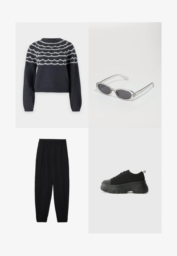 Dark gray knitted sweater with a round neck, featuring white wavy lines across the chest. Long sleeves and ribbed hem complete the design.; Black, lightweight pants with an elastic waistband and gathered ankles. The fabric is smooth and features a relaxed, tapered design.; Black sneakers with a chunky rubber sole, textured fabric upper, round toe, and lace-up design. Features reinforced eyelets and back pull tab.; Sunglasses with an oval shape, clear plastic frame, dark gray lenses, and thin transparent arms featuring logo accents and minimal detailing.
