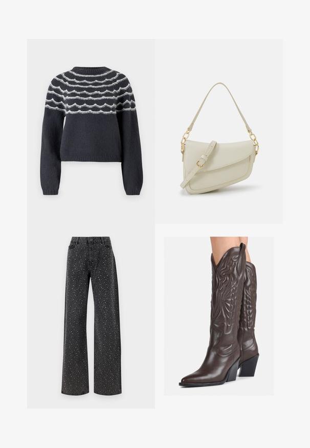 Tumehall villane sviiter ümmarguse kaelusega, millel on valged lainelised jooned rinnaosas. Pikad varrukad ja soonikkoes alläär täiendavad disaini.; Noisy May NMJANNEL LOOSE - Avar lõikega teksad - black denim; Pruunid nahast cowboy saapad terava varbaga ja plokk-kandaga, millel on detailne tikand ja kergelt tõstetud aktsendid varrel.; Väike kreemjas käekott tekstureeritud viimistlusega, pikendatav rihm, ketiläbimõõt ja klapiga sulgemine. Kuldsed metalldetailid.; Hõbedased rõngastikkaehingad minimalistlikus disainis. Ümar kuju, sile tekstuur ja õhuke profiil. Kerged ning poleeritud viimistlusega.