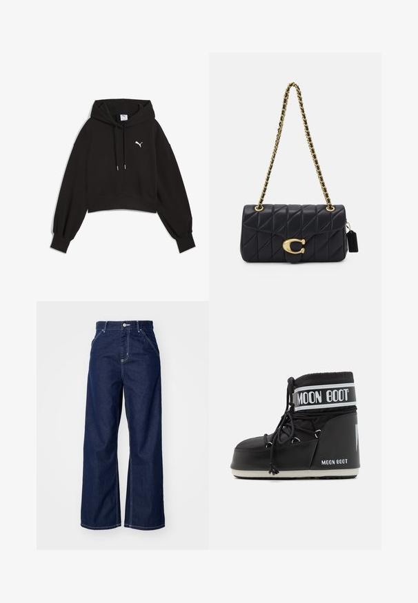 Crna skraćena dukserica od sweatshirt tkanine. Ima kapuljaču sa vezicom, široke rukave i bijeli Puma logotip na prsima.; Široke traperice u tamnoplavom denimu, s visokim strukom, kontrastnim bijelim šavovima i klasičnim dizajnom s pet džepova.; Crne Moon Boots s podstavljenim gornjim dijelom, učvršćene vezicama i posebnom bijelom trakom s logotipom. Debeli, teksturirani gumeni potplat.; Crna kvačasta torba s zlatnim lancem, s karakterističnim zlatnim kopčanjem i malom oznakom, koja prikazuje teksturiranu kožnu površinu.
