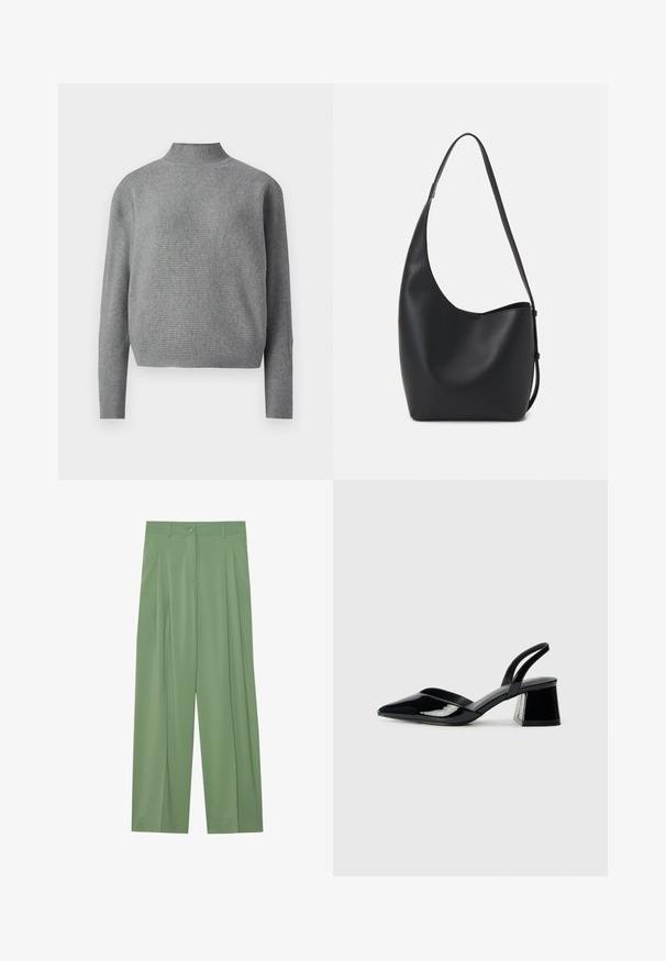 Világosszürke bordázott kötött pulóver magas állógallérral és hosszú ujjal, fehér háttér előtt bemutatva.; Zöld, bő szárú nadrág sima anyagból. Elöl pliszék, egy gombos zárás és övbújtatók találhatók rajta.; Fekete lakk bőr szandálkés magas sarkú cipő, hegyes orral és geometrikus tömbsarkakkal. Karcsú, minimalista dizájn és sima textúra jellemzi.; Fekete bőr hobo táska sima textúrával, ívelt formával és egyetlen állítható pánttal; széles nyílás található a tetején.