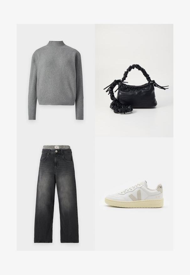 Gai pelēks ribots adījuma džemperis ar augstu kaklu un garām piedurknēm, attēlots pret baltu fona.; Melna džinsa platā kāja ar houndstooth raksta jostasvietu. Īpašības ietver priekšējās kabatas un pogu aizdari. Iezīmēta ar nolietotu tekstūru.; Baltas ādas sporta apavu pāris ar bēšiem zamša akcentiem, caurumiņu purngalā, plakanu šņorēšanu un teksturētu krēmkrāsas zoli. Iezīmējas ar diskrētu zīmolu uz papēža.; Melnā mākslīgās ādas rokassoma ar krokodila rakstu, savilkta augšdaļa un saburzīta siksna. Izskatās mīksta un kompakta pēc dizaina.