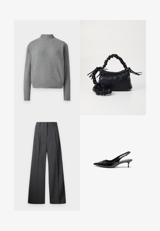 Helehall ribatustatud kudumist sviiter kõrge mokka kaelusega ja pikkade varrukatega, esitatud valge tausta ees.; Tumesed püksid tumesinises kangas, kõrge vöökoht, üks voldik ning sile struktuur puhaste ääristega.; Musthave nahkased kõrged kontsad, millel on terav varvas, väike kitten-kont ja dekoratiivne sõlm ees. Ühtlane sile tekstuur.; Must must sünteetilisest nahast käekott, millel on krokodillimuster, kokku tõmmatav ülaosa ja kortsus rihm. Tundub pehme ja kompaktne disain.