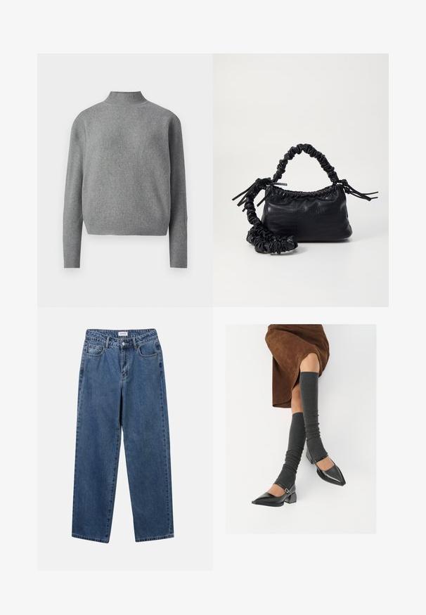 Světle šedý žebrovaný pletený svetr s vysokým stojáčkem a dlouhými rukávy, vystavený na bílém pozadí.; Klasické modré džíny z denimu se střihy rovné nohy, pěti kapsami a zapínáním na knoflík. Mají střední odstín a odolnou texturu.; Černé lakované boty s špičatou špičkou, blokovým podpatkem a kotníkovým páskem, spárované s šedými žebrovanými návleky na nohy a hnědskou sukní z semiše.; Černá kabelka z umělé kůže s krokodýlím vzorem, staženým vrškem a zmačkaným popruhem. Zdá se, že má měkký a kompaktní design.
