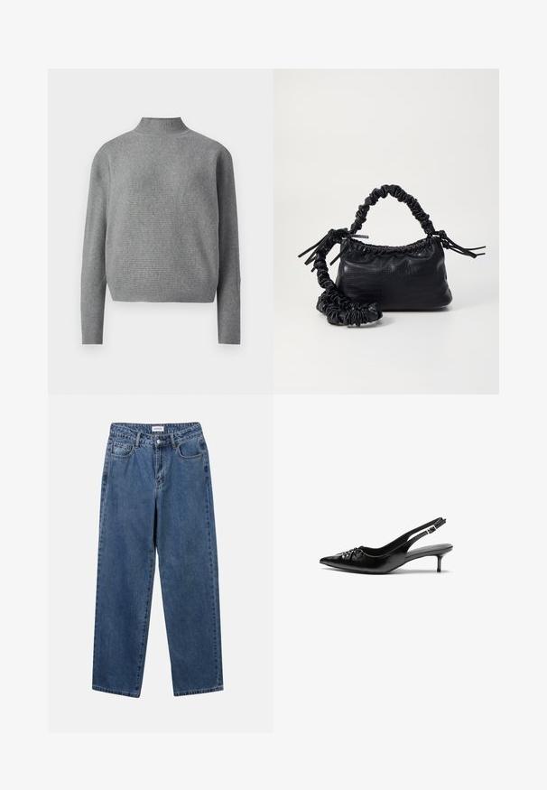 Lys grå ribbestrikket genser med høyt halsribb og lange ermer, vist mot en hvit bakgrunn.; Klassiske blå denimjeans med rett ben-design, fem lommer og knappelukking. Har en middels vask og solid tekstur.; Sorte skinnert remsandaler med spiss tå, liten kittenhæl og en dekorativ knute detalj foran. Glatt tekstur gjennom hele.; Svart faux skinn-håndveske med krokodilletekstur, strammet topp og en rynket stropp. Ser myk og kompakt ut i designen.