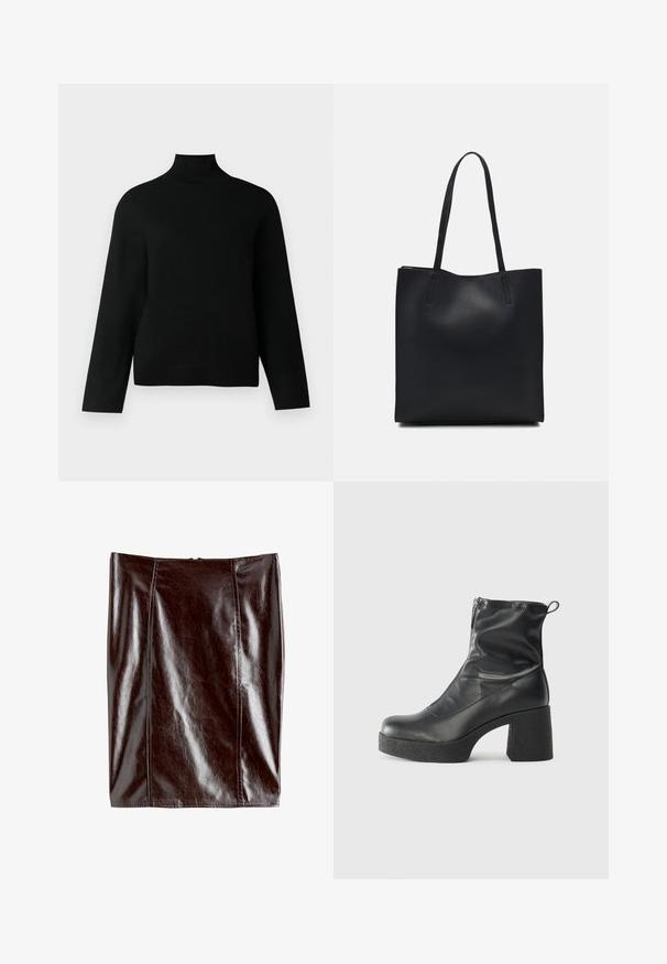 Must melamine särg, mis on valmistatud pehmest kudumist, pikad varrukad ja lõdva lõikega. Sile tekstuur, ilma nähtavate mustrite või aktsentideta.; Kõrge vöökohaga, keha lähedal istuv seelik, mis on valmistatud läikivast tumedast pruunist sünteetilisest materjalist, millel on vertikaalsed õmblused ja sile tekstuur.; Mustad mustad ansapüksid, mis on valmistatud siledast nahast, külje zipperiga, paksu tekstuuriga kontsaga ja ümmarguse nina disainiga.; Mustast nahast kott sujuva tekstuuriga, ristkülikukujuline ja kahe pika sangaga. Pole nähtavat riistvara ega kaunistusi.