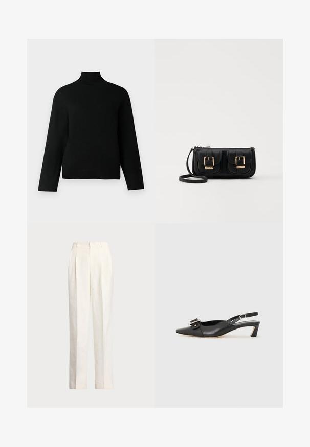 Crna rolka izrađena od mekog pletenog materijala, s dugim rukavima i opuštenim krojem. Glatka tekstura bez vidljivih uzoraka ili akcenata.; Polo Ralph Lauren HEMP WIDE LEG PANT - Hlače - nevis; Crne kožne sandale s remenčićem i šiljastim vrhom, malim potpeticama i dekorativnom kopčom na gornjem dijelu. Glatka tekstura, minimalistički dizajn.; Crna kožna torba preko ramena s dva prednja džepa, zlatnim kopčama, zatvaranjem na zip i uskim remenom. Teksturirana površina i kompaktan pravokutan oblik.