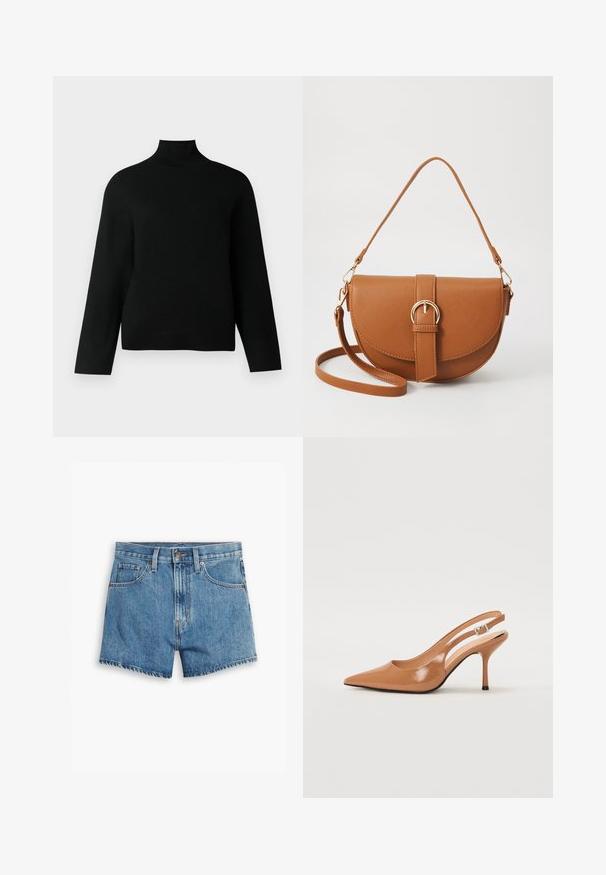 Fekete garbós pulóver puha kötött anyagból, hosszú ujjal és laza szabással. Simább textúra, látható minták vagy díszítések nélkül.; Világoskék farmer rövidnadrág, öt zsebbel, cipzáros megoldással és gombos záródással. A szegélyt megkoptatták, és laza szabású dizájn jellemzi.; Fingerszűk, hegyes orrú, háttámlás sarokcipő sima, fényes barnás anyagból. Íves kivágású dizájn és karcsú stiletto sarkú. Ezüst csattal ellátva.; Barna bőr keresztbody táska ívelt formával, aranyszínű fémrészekkel és csat díszítéssel. Levehető vállpánttal rendelkezik.