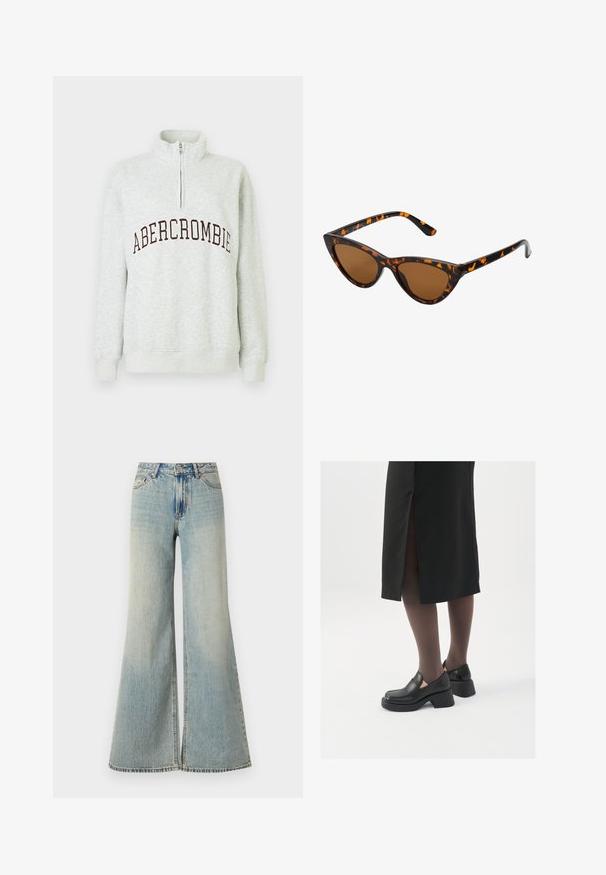 Světle šedá mikina na zip s krátkým rukávem, na které je tmavými písmeny napsáno "ABERCROMBIE" přes hruď, a má žebrované manžety a pás.; Světle modré kalhoty s širokými nohavicemi a vysokým pasem, s vybledlým vzhledem, předními kapsami a jemným rozparem na spodní části nohavic.; Černé kožené boty s kulatou špičkou, silným blokovým podpatkem a elastickými bočními akcenty, spárované s tmavými punčochami a černou sukní se rozparkem.; Sluneční brýle ve stylu kočičích očí s černo-oranžovým želvovinovým rámem, hnědými skly a elegantními, špičatými konci. Obsahují minimalistické logo na straně.