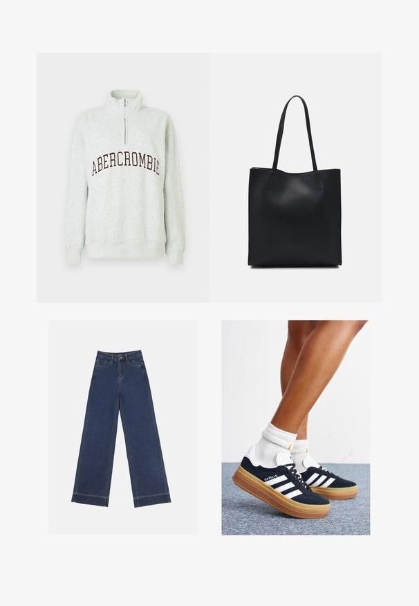 Light gray quarter-zip sweatshirt with "ABERCROMBIE" printed in dark letters across the chest, ribbed cuffs, and waistband.; Wide-leg jeans in dark blue denim. Features five pockets, belt loops, and a raw hem at the bottom with visible stitching details.; Black suede sneakers with white stripes and accents, rounded toe, gum rubber outsole, paired with white ribbed crew socks.; Black leather tote bag with smooth texture, rectangular shape, and two long handles. No visible hardware or embellishments.