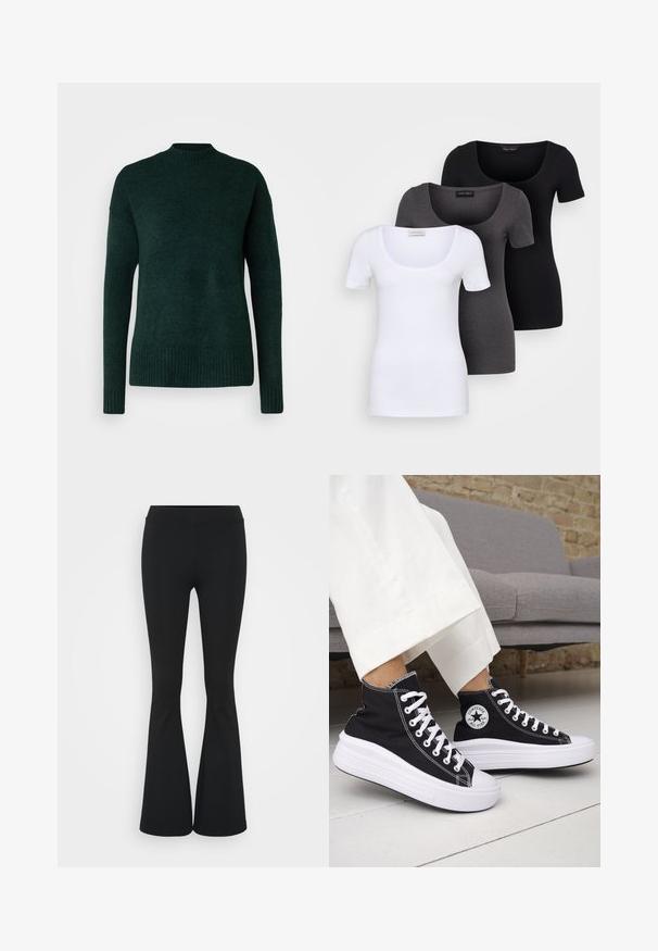 Vero Moda Tall VMLEFILE BOXY - Svetrík - scarab melange; Tričko v bielej, šedej a čiernej farbe s priliehavým strihom. Každé má široký výstrih a krátke rukávy. Vyrobené z hladkej, elastickej tkaniny.; Čierne rozšírené nohavice vyrobené z elastického materiálu, s vysokým pásom a hladkou textúrou. Nohavice sa rozširujú od kolena.; Čierne vysoké tenisky s bielymi gumovými podrážkami a šnúrkami. Obsahujú okrúhlu nášivku s logom a kontrastné biele prešívanie. Materiál je plátený.