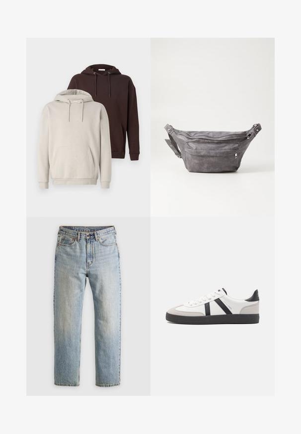 Două hanorace cu glugă: unul bej și unul marron închis. Ambele au un buzunar tip kangaroo, șnururi ajustabile și manșete cu nervuri.; Jeans din denim de culoare albastru deschis, cu talie înaltă, nasture frontal, fermoar și design cu cinci buzunare, așezate platesc pe un fundal neutru.; Sneaker alb cu accente negre și gri, având un capac de vârf gri texturat, talpă din cauciuc negru și șireturi plate albe. Design elegant, stil minimalist.; Borseta gri din suede, cu o formă rotunjită, două compartimente cu fermoar și curea ajustabilă. Are accente din metal.