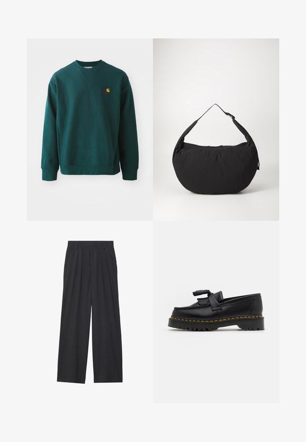 Dark green sweatshirt made of cotton, featuring a ribbed crew neckline, long sleeves, and a small Carhartt logo on the chest.; White long-sleeve henley shirt with three buttons and a round neckline, displayed on a plain white background.; Wide-leg trousers made of dark gray fabric. Features pleats at the waist, a tailored design, and a straight silhouette.; Black leather loafer with a tasseled accent, featuring a chunky black sole and yellow stitching along the edge. Textured finish.; Black fabric shoulder bag with a curved shape, featuring a single strap and a zippered closure. Soft texture, minimalist design.