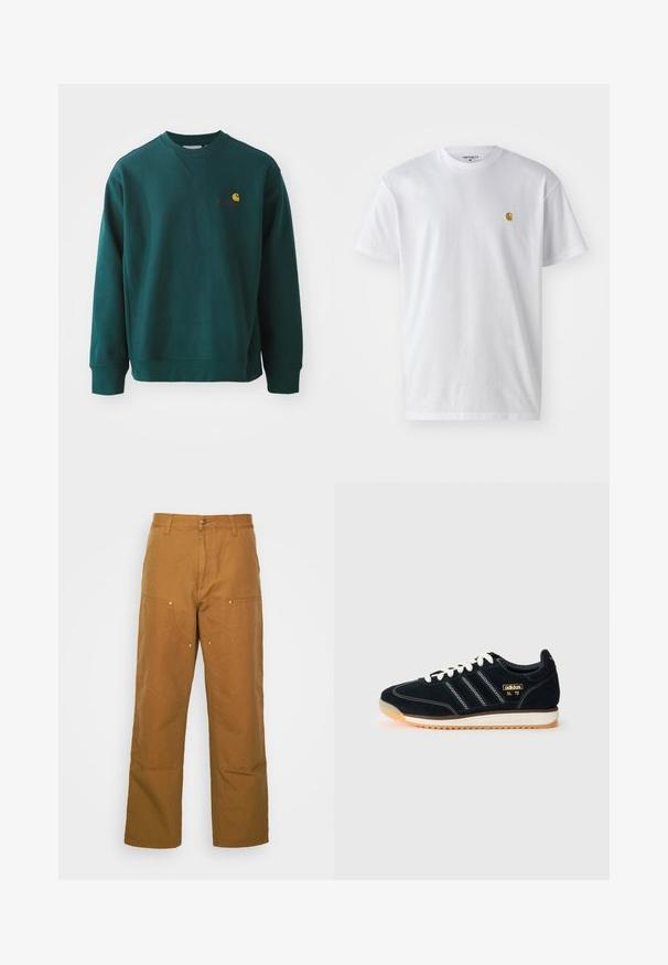 Tamnozeleni dukserica od pamuka, s rebrastim izrezom, dugim rukavima i malim Carhartt logotipom na prsima.; Bijela pamučna majica kratkih rukava s okruglim izrezom, sa malim zlatnim logotipom na lijevoj strani prsnog koša. Mekana tekstura i standardni kroj.; Smeđe pamučne radne hlače ravnog kroja, s prednjim džepovima i metalnim detaljima za dodatnu izdržljivost.; Crnesuede tenisice s bijelim vezicama, tri bijele pruge sa strane, teksturirani detalji i gumeni potplat s laganim narančastim nijansama.