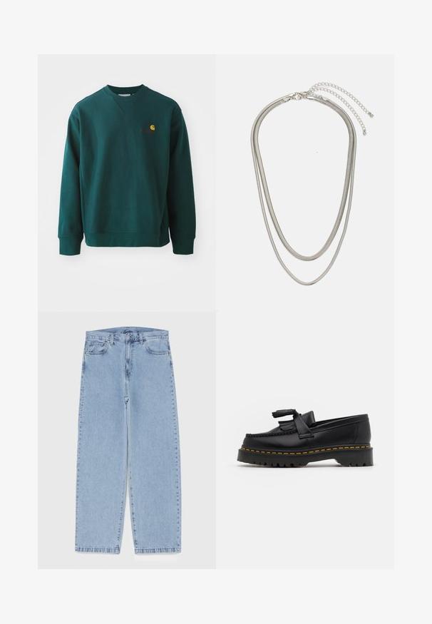 Hanorac verde închis din bumbac, cu guler rotund ribbed, mâneci lungi și un logo mic Carhartt pe piept.; Jeans din denim de culoare albastru deschis, cu un design cu picioare drepte, având talie medie, cinci buzunare și un sistem de închidere cu nasture și fermoar.; Mocasini din piele neagră cu un accent ciufulit, având o talpă groasă neagră și cusături galbene pe margine. Finisaj texturat.; Colier din metal argintiu în trei straturi, cu lanțuri elegante și flexibile, cu un ușor luciu, asigurat cu un închizător de tip homar și un lanț ajustabil.