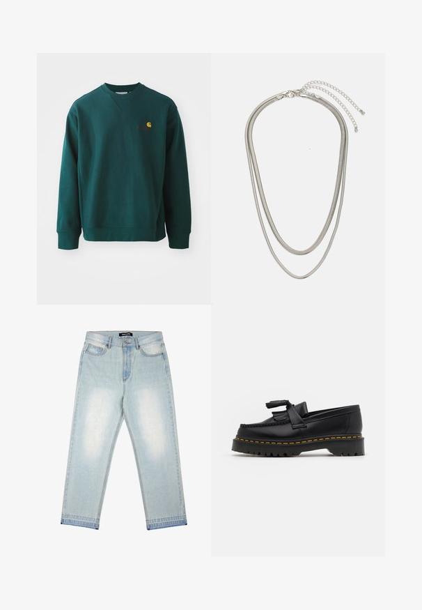 Mørkegrøn sweatshirt lavet af bomuld, med en ribbet rund halsudsmykning, lange ærmer og et lille Carhartt-logo på brystet.; Pegador BARROW - Loose-jeans - sand washed blue; Sort læderloafer med en frynsedetalje, der har en kraftig sort sål og gul syninger langs kanten. Teksturert overflade.; Tre-lags sølvmetal halskæde med slanke, flexible kæder med en let glans, sikret med en hummerlås og justerbar kæde.