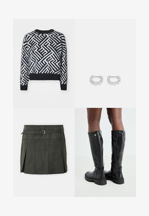 Maglione in bianco e nero con un motivo geometrico, collo rotondo e orli a costine, realizzato in un morbido materiale di maglia testurizzato.; Gonna mini in cotone verde scuro, con vita aderente, una cintura e pieghe frontali. Presenta dettagli di cucitura e un taglio classico.; Stivali in pelle nera al ginocchio con texture liscia, punta arrotondata, suola spessa e chiusura con zip. Presenta un logo argentato sul lato.; Orecchini a cerchio in argento con cristalli trasparenti, rettangolari e triangolari disposti in un design a motivi. presenza di perni per un fissaggio sicuro.