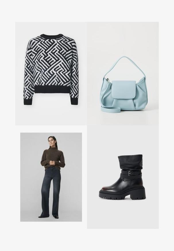 Pull noir et blanc présentant un motif géométrique, col rond et bords côtelés, confectionné dans un matériau en tricot doux et texturé.; Femme aux cheveux bruns portant un pull à col roulé marron, un jean taille haute bleu foncé à jambes larges et des chaussures noires, se tenant devant un fond uni.; Bottine en cuir noir avec une tige décontractée, détail de boucle et semelle épaisse et robuste. Elle présente un bout rond et une texture lisse.; Sac à main en cuir bleu clair avec une anse supérieure, poche à rabat avant et bandoulière amovible sur fond blanc.