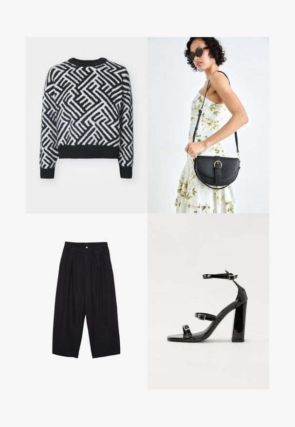 Maglione in bianco e nero con un motivo geometrico, collo rotondo e orli a costine, realizzato in un morbido materiale di maglia testurizzato.; Pantaloni culotte neri in poliestere con una cintura elastica, due pieghe frontali e una silhouette ampia. Nessun motivo visibile o dettagli in metallo.; Sandali con tacco in vernice nera, con punta squadrata, cinturini alla caviglia e fibbie in argento. Presentano un tacco a blocco spesso per maggiore stabilità.; Borsa a tracolla nera in pelle con una forma curva, manico rimovibile e accessori dorati. La borsa presenta una patta con un dettaglio a fibbia.