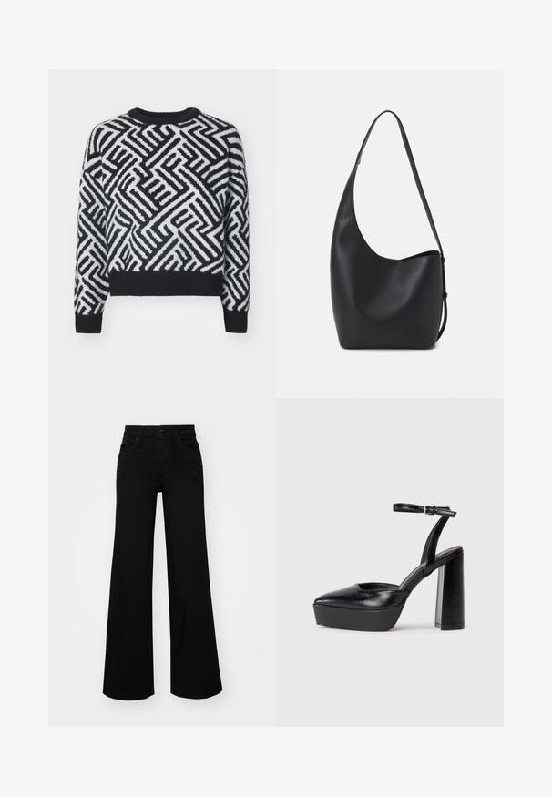 Maglione in bianco e nero con un motivo geometrico, collo rotondo e orli a costine, realizzato in un morbido materiale di maglia testurizzato.; Pantaloni neri a gamba larga in denim, con una vita strutturata, passanti per la cintura e tasche frontali. Texture liscia con un design classico.; Tacchi a piattaforma neri con punta appuntita e cinturino regolabile alla caviglia. Realizzati in pelle liscia, presentano un tacco a blocco spesso.; Borsa hobo nera in pelle con una superficie liscia, forma curvata e una singola tracolla regolabile; presenta un'ampia apertura nella parte superiore.