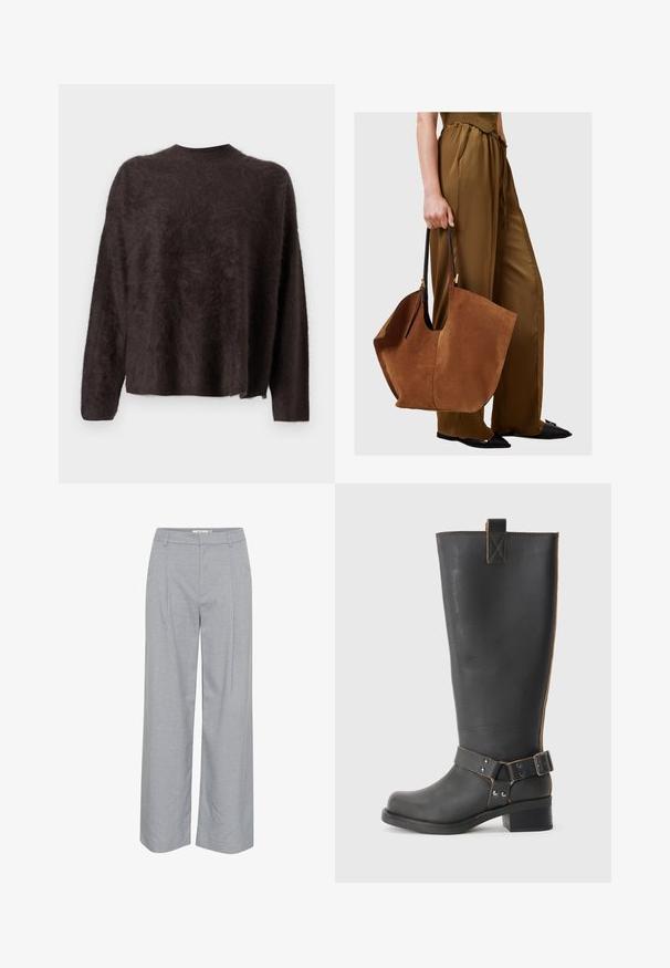 Temno rjav, puhast pulover z visokim ovratnikom in dolgimi rokavi; ohlapen kroj in mehak material, s nekoliko skrajšanim robom.; Svetlo sivi hlače široke nogavice z gladko teksturo, z sprednjimi naborki in ravnim pasom. Minimalističen dizajn, brez vidne opreme.; Črne usnjene škornje do kolen z teksturirano obdelavo, ki imajo stranski sponko in nizko peto. Podrobno šivanje po šivih.; Rjava semiš torba za čez ramo z črnimi usnjenimi ročaji, široke, ohlapne oblike in minimalističnega dizajna, ki jo drži oseba v rjavih hlačah.