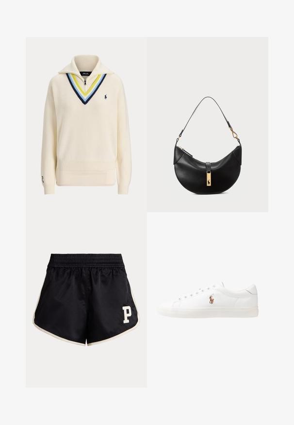 Cream-colored sweater with a half-zip collar, featuring a multicolored striped V-neck design and ribbed cuffs. Small logo on chest.; Black athletic shorts with a smocked waistband, beige side stripes, and a cream letter "P" logo on the left thigh.; White leather sneakers, low-top design, featuring a smooth texture, round toe, laced front, and a small embroidered logo on the side.; Black leather handbag in a half-moon shape. Features a gold hardware accent and a narrow strap. Smooth texture, zipper closure at the top.