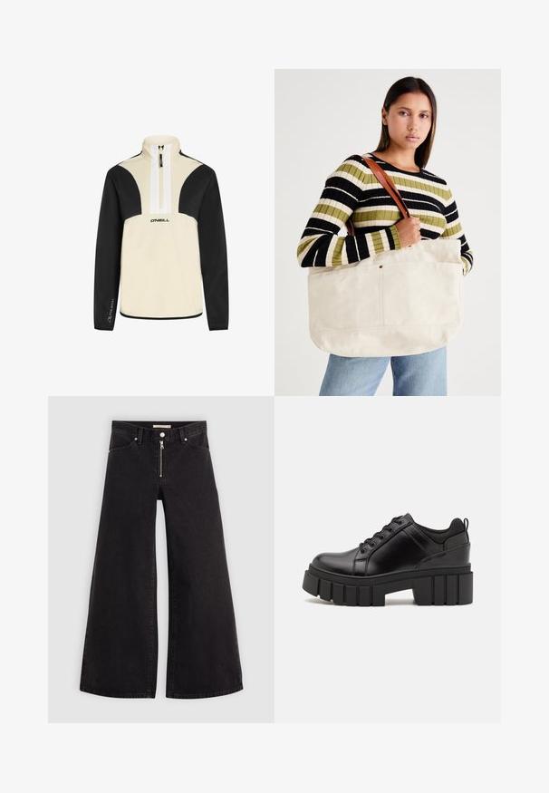 Sviestinis ir juodas ketvirtinio užtrauktuko megztinis, minkšta medžiaga, juodi rankovės ir pečiai, balta užtrauktukas, O'Neill logotipas priekyje.; Plačios kojų džinsai iš juodo džinsinio audinio su užtrauktuku priekyje, penkių kišenių dizainu ir subtiliais siuvinėjimo akcentais. Lygus paviršius ir laisvalaikio stilius.; Juodi odiniai platformos batai su masyviu blokuota kulniuku, apvalia nosimi ir tradiciniu šnypštimo dizainu. Turintys glotnų paviršių ir minimalų dekoravimą.; Didelė smėlio spalvos drobės rankinė su rudomis odinėmis diržais, pasižyminti minimalistiniu dizainu ir matomais siuvinėjimo akcentais.