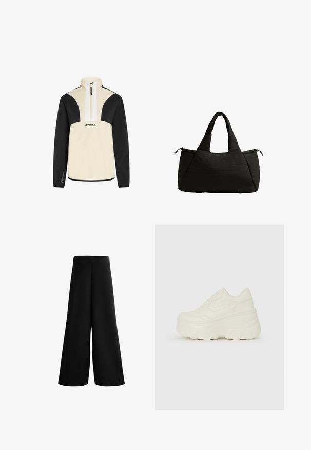 Rozpinany sweter w kolorze kremowym i czarnym, z miękkiego materiału, oferujący czarne rękawy i ramiona, białą zamkiem błyskawicznym oraz logo O'Neill z przodu.; Czarne spodnie o szerokich nogawkach wykonane z miękkiego materiału. Posiadają wysoki stan i gładką fakturę z czystymi liniami, oferując luźne, swobodne dopasowanie.; Białe sneakersy na platformie z gładkim, skórzano przypominającym wierzchem, zaokrąglonym kształtem, wyściełanym kołnierzem oraz teksturowaną gumową podeszwą z wyraźnym bieżnikiem.; Czarna torba typu tote o puszystej fakturze, z dwoma krótkimi uchwytami i boczną kieszenią zabezpieczoną sznurkiem. Prosta, kątowa konstrukcja.