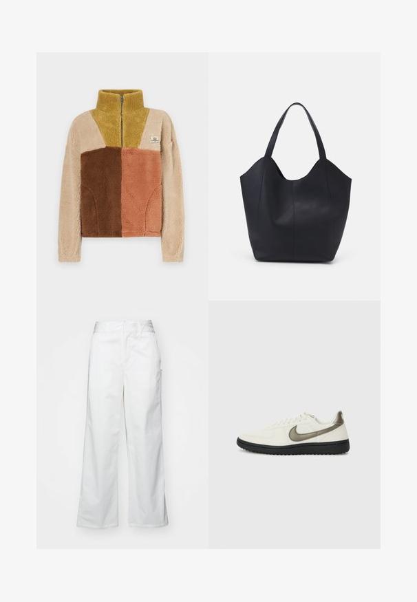 Rip Curl BLOCK PARTY POLAR - Felpa in pile - natural; Pantaloni bianchi a gamba larga realizzati in cotone, con una texture liscia, vestibilità dritta, tasche frontali e orlo pulito.; Nike Sportswear FIELD GENERAL - Sneakers basse - off-white/black; Borsa tote nera realizzata in pelle liscia, con una parte superiore curva e aperta, dotata di due manici per spalla e un design minimalista.