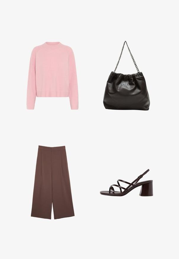 Svetlo roza pleten pulover z okroglim izrezom, rebrasto teksturo na rokavih in robu ter sproščen kroj. Brez vidnih vzorcev ali naglasov.; Rjave široke hlače z gladko teksturo, ki imajo visok pas in sprednje naborke. Tkanina je lahka in prosto pada.; Rjave sandale na visoki peti s debelim petom, z gladko, sijajno površino in večkratnimi križnimi trakovi na zgornjem delu.; Rjava usnjena torba z nabranim vrhom in verižnim trakom. Gladka tekstura z sijajno površino in subtilnimi šivi na straneh.