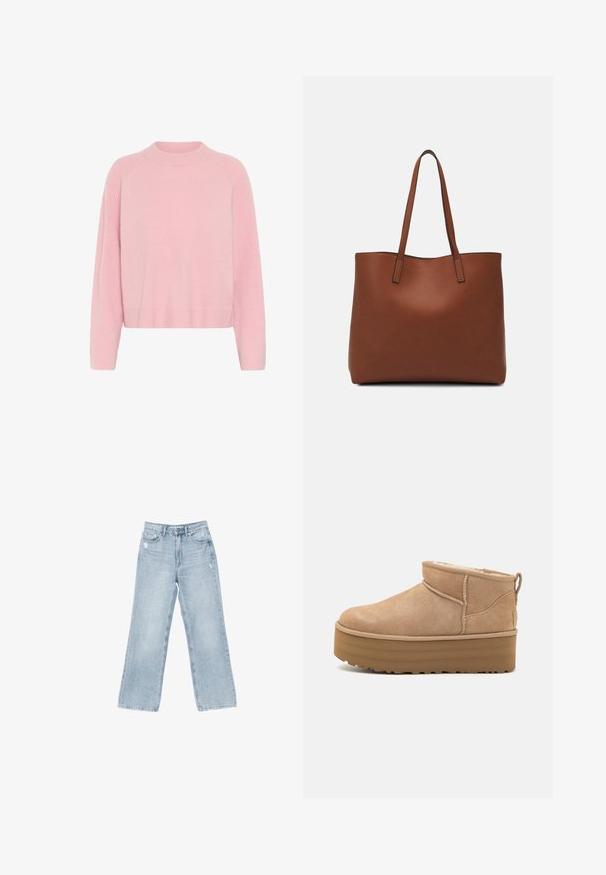 Helles rosa gestricktes Sweatshirt mit Rundhalsausschnitt, geripptem Textur an den Ärmeln und dem Saum sowie lockerer Passform. Keine sichtbaren Muster oder Akzente.; Hellblaue Jeans aus Denim mit weiter Beinform, mit Used-Details, fünf Taschen und einem Reißverschluss.; Beige Wildleder-Ankle Boots mit einem weichen Innenfutter, ausgestattet mit einer Plateausohle und einer Zuglasche hinten für einen einfachen Einstieg. Strukturiertes Gummiprofil.; Braune Leder-Tote mit glatter Textur, offenem Oberteil und zwei Schulterriemen. Verfügt über minimale Nähte und keine sichtbaren Beschläge.