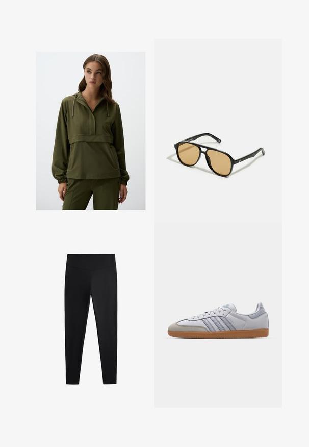 Olijfgroene pullover met capuchon, halve rits aan de voorkant en elastische manchetten. Bevat een horizontale naad over de borst en zijzakken.; Zwarte leggings van gladde, rekbare stof. Voorzien van een brede tailleband en een taps toelopend pootdesign, geschikt voor actieve of casual kleding.; Witte leren sneakers met lichtblauwe accenten, grijs suède neus en een bruine rubberen zool. Voorzien van drie blauwe strepen en "Samba"-branding.; Zwarte zonnebril met bruin getinte lenzen; rechthoekige vorm met een dikke rand, inclusief subtiele hardware accenten op de veertjes.