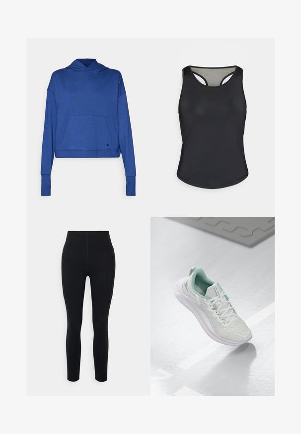 Sweaty Betty AFTER CLASS HOODY - Hanorac - flux blue; Tricou sport negru fără mâneci, cu hem rotunjit, design tip racerback și material neted, elastic. Prezintă un logo subtil pe partea de jos.; Colanți negri cu talie înaltă, realizați dintr-un material elastic, care au buzunare laterale și cusături netede pentru un aspect elegant.; Pantof de sport gri deschis, cu un material tricotat texturat, accente verde menta, șireturi albe, talpă din cauciuc și o bucată pentru tragere la călcâi.