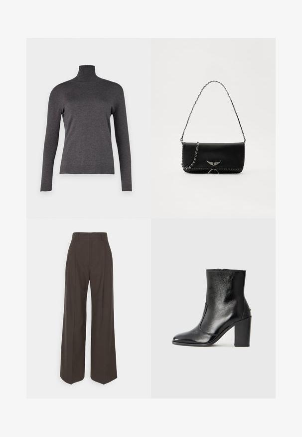 Weekend Max Mara KIKU - Džemper - grigio scuro; Tumepruunid lai jalad püksid kõrge vöökohaga, millel on korralikult pressitud kortsud, sile tekstuur ja täpselt sobiv lõige.; Must kõvale nahast pahklipsu saapad, millel on sile tekstuur, terav varvas ja paks kõrge kann. Omab külgavatust ja minimalistlikku disaini.; Mustvalge nahk käekott hõbedase ahelsanga ja dekoratiivsete tiivaaktsentidega, samuti valgete õmblustega alumises ühenduses.; Paar pikki tumepruunist nahast kindad, mis on laotud tasaselt, nähtava õmblusega ja ühe kinda randme lähedal on väike hõbedane detail.